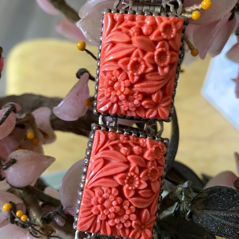 Antique engraved skin coral panel bracelet